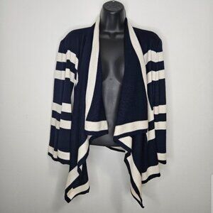 ST. JOHN Cascade Front Knit Cardigan Sz S Geometric Stripes Navy Off White